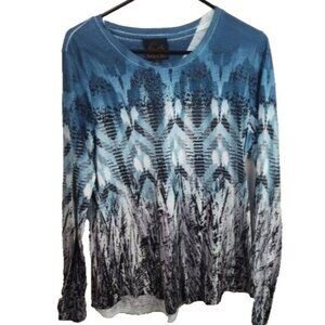 French Blue Womens Long Sleeve Artsy Top Large Blue Rhinestone Southwest Novelty